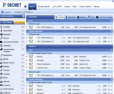 Vista delle opzioni di scommesse sportive